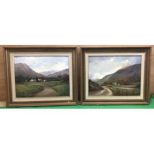 8185 - 2 Nan Parker oils of cottages with hills in the background, in matching frames, 44.7 x 35cm.