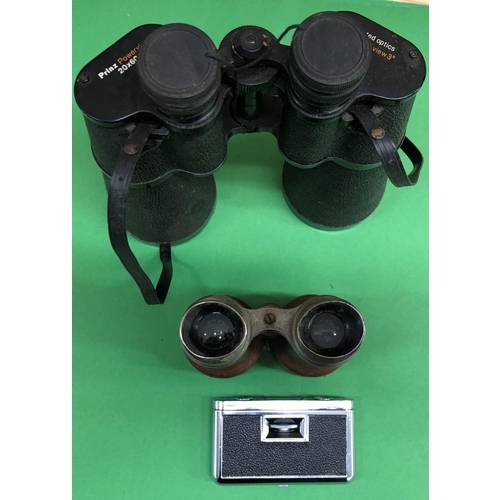 8113 - A pair of brown leather binoculars 17cm high overall, a pair of Prinz Powerview 20x60 binoculars and... 