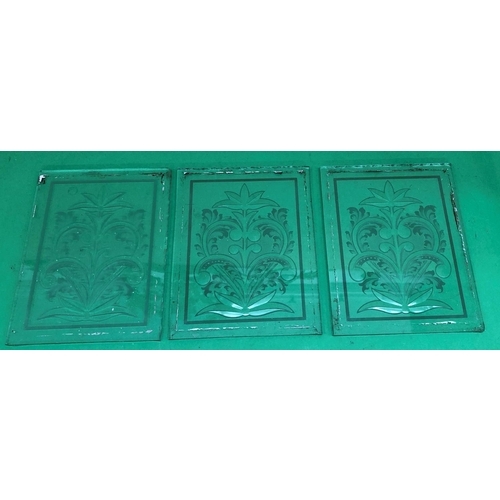 8167 - 3 heavy glass panes with etched glass floral and leaf pattern, 22 x 28.3cm.