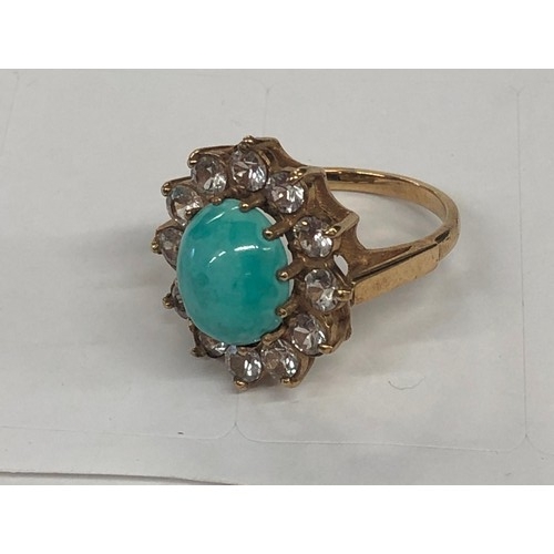 401 - A 9ct gold cluster ring set with turquoise coloured stone, Size M/N