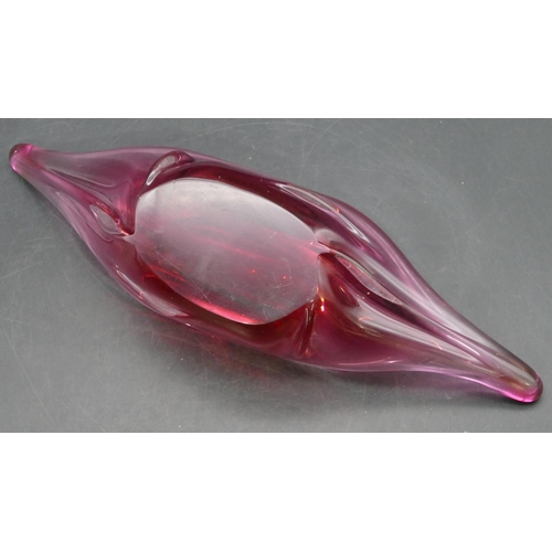 186 - A ruby glass 1970's oblong shallow dish, 30cm wide