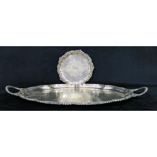 370 - A silver plated oval 2-handled tray with scallop shaped shell and gadrooned rim, engraved centre, 63... 