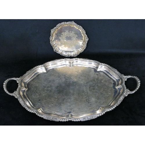 370 - A silver plated oval 2-handled tray with scallop shaped shell and gadrooned rim, engraved centre, 63... 