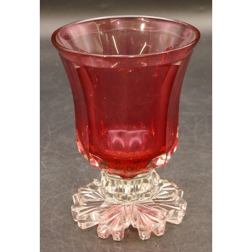 114 - A 19th Century clear and ruby cut glass trumpet shaped glass with chamfer decoration, 12cm high