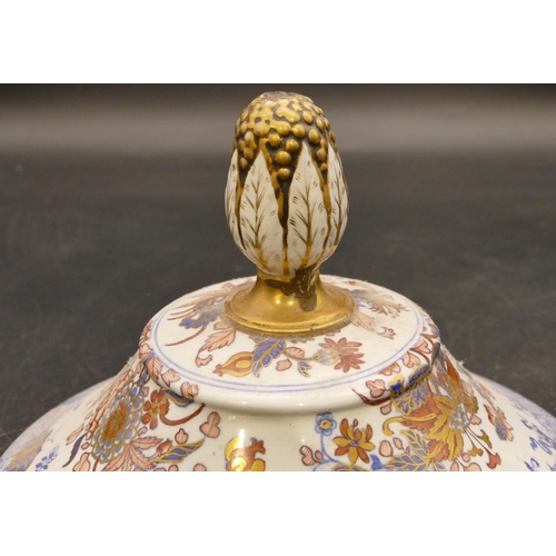 154 - A 19th Century Spode style round bulbous 2-handled trumpet shaped pot with cover on white, blue and ... 