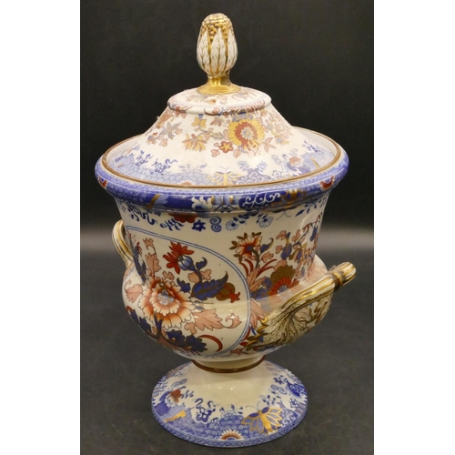 154 - A 19th Century Spode style round bulbous 2-handled trumpet shaped pot with cover on white, blue and ... 