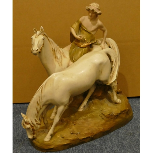 155 - A Royal Dux large china group of young gentlemen with 2 horses (2 ears chipped), 42cm high