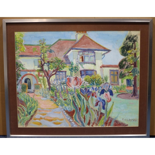 204 - An oil on board depicting floral garden with house in the background, indistinctly signed, in metal ... 