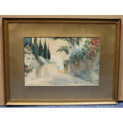 214 - An Italian watercolour depicting street scene with floral banks, indistinctly signed, in gilt frame,... 