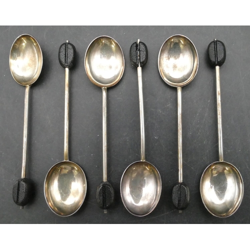 350 - A set of 6 Birmingham silver coffee bean spoons in fitted black leather case, 1.3oz gross