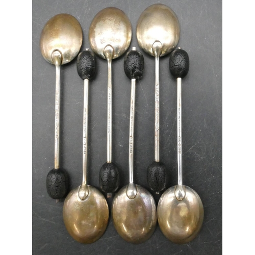 350 - A set of 6 Birmingham silver coffee bean spoons in fitted black leather case, 1.3oz gross