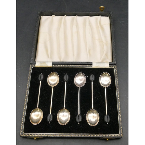 350 - A set of 6 Birmingham silver coffee bean spoons in fitted black leather case, 1.3oz gross