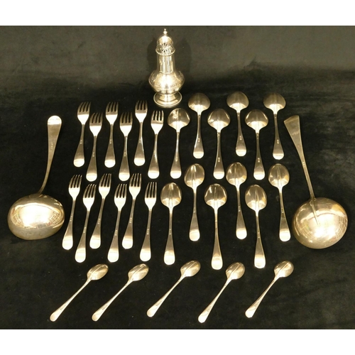 287 - Edward, Glasgow, 6 place setting silver plated rat tail flatware service, comprising of soup ladle, ... 