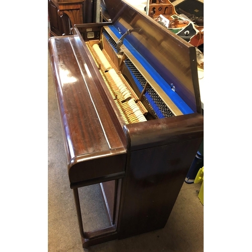 8179 - Kemble Minx (Harrods) mahogany upright piano 134cm wide, 53cm deep, 89cm high.