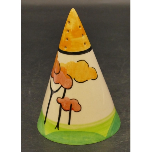 106 - A Past Times reproduction Clarice Cliff style conical shaped sugar caster on multicoloured ground wi... 