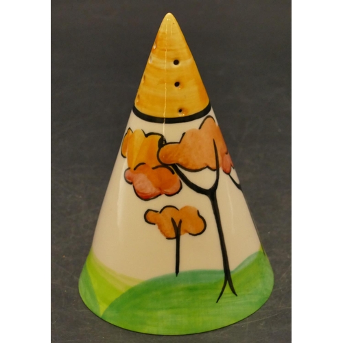 106 - A Past Times reproduction Clarice Cliff style conical shaped sugar caster on multicoloured ground wi... 