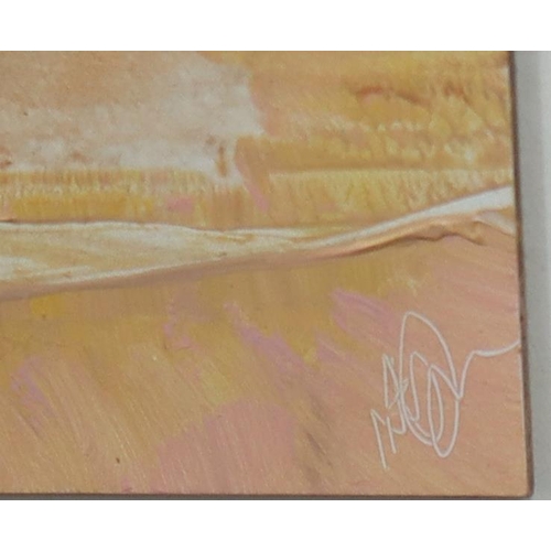 135 - 2 modern oil on boards depicting open landscapes, both indistinctly signed, in green frames, 12.7cm ... 