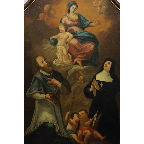142 - An 18th Century Naïve religious canvas depicting  Madonna, Cupids, Priests and Nun, inscribed Jisson... 
