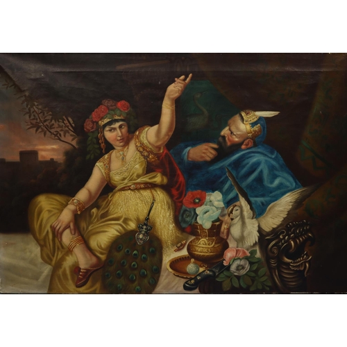 144 - A 19th Century oil on canvas depicting Arabic lady and seated gentleman in a tent with exotic bird, ... 