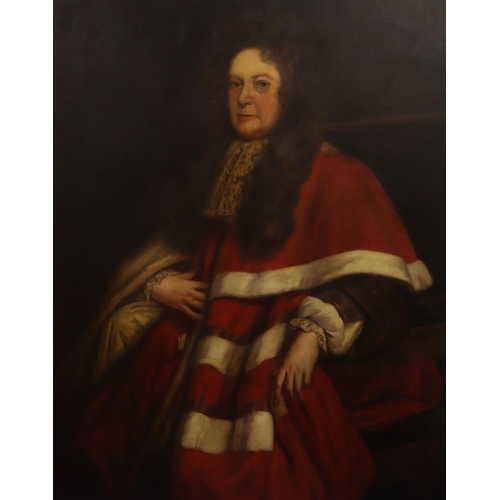 145 - A large 19th Century oil on canvas 3/4 length portrait of a seated gentleman in red and white linen ... 