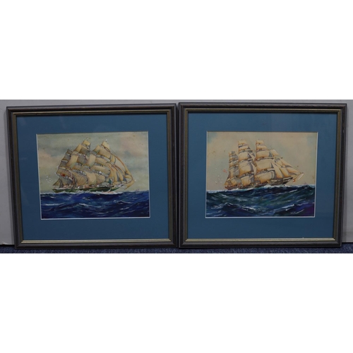 147 - J W Hardcastle, a pair of marine watercolours depicting ships at full sail, in blue and gilt frames,... 