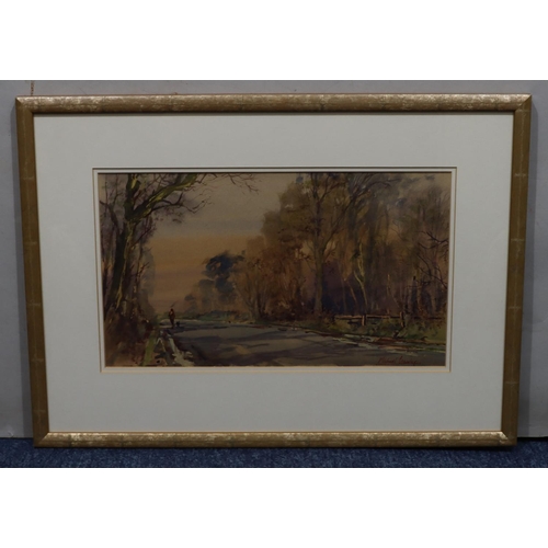 157 - Michael Crawley watercolour depicting figure and dog on wooded roadway, signed, in gilt frame, 21.5c... 