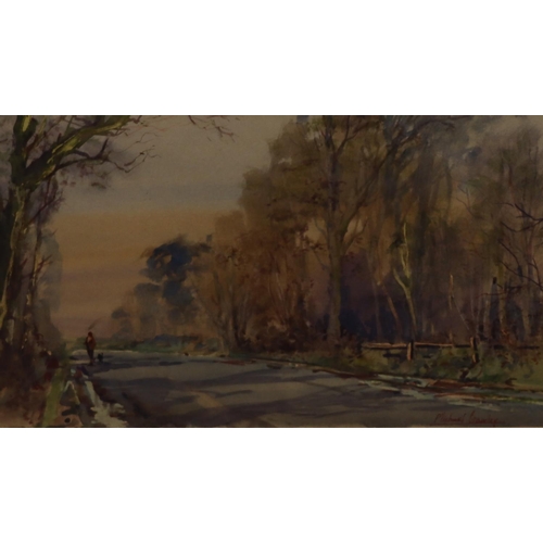 157 - Michael Crawley watercolour depicting figure and dog on wooded roadway, signed, in gilt frame, 21.5c... 