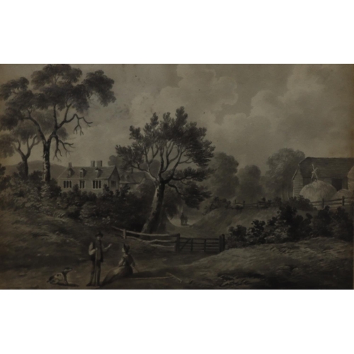 158 - A monochrome watercolour depicting farm and lady in field with farm buildings in background, in gree... 