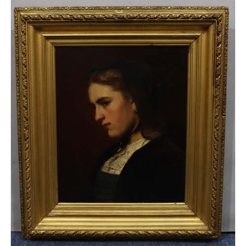 160 - Carl Johann Lach (1822-1888) oil on board, shoulder length portrait of a young lady, signed and date... 