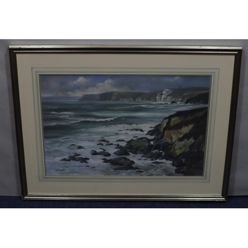 161 - Watkin, marine pastel depicting rocky shoreline with cliffs in background, signed, in silvered frame... 