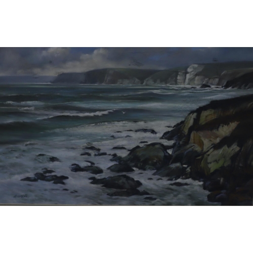 161 - Watkin, marine pastel depicting rocky shoreline with cliffs in background, signed, in silvered frame... 