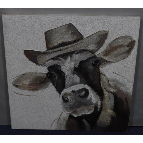 162 - A modern oil on canvas, portrait of a cow wearing a hat, unsigned, unframed, 80cm x 80cm