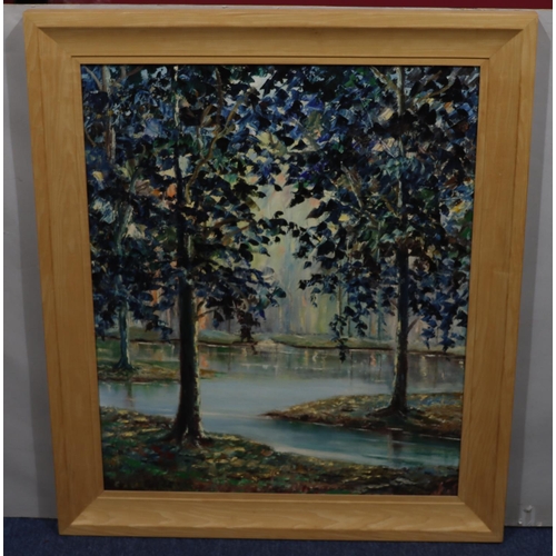 164 - An oil on canvas depicting woodland lake, unsigned, in modern pine frame, 73.5cm x 60cm