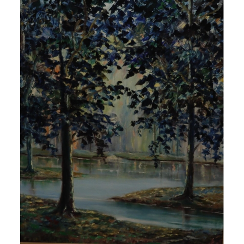164 - An oil on canvas depicting woodland lake, unsigned, in modern pine frame, 73.5cm x 60cm