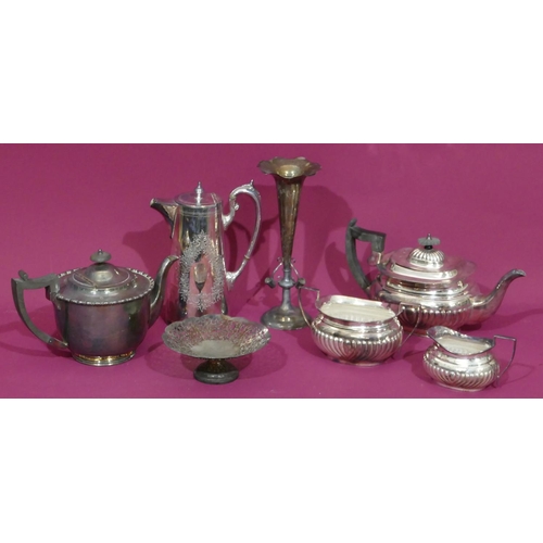 173 - A 3-piece silver plated bulbous shaped tea service with half embossed reeded decoration, a silver pl... 