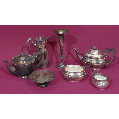 173 - A 3-piece silver plated bulbous shaped tea service with half embossed reeded decoration, a silver pl... 