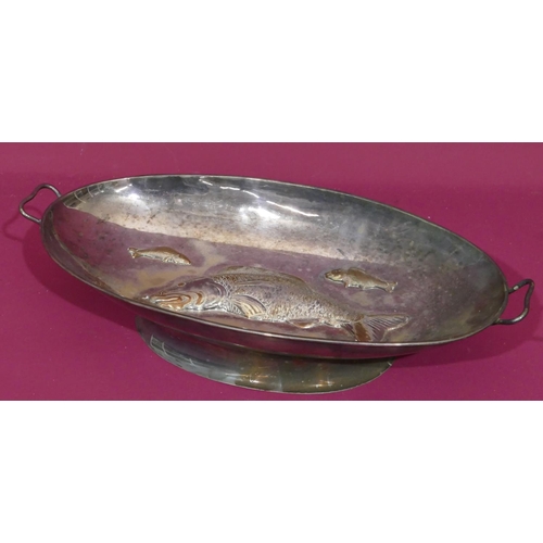 175 - A silver plated oblong 2-handled dish with embossed fish decoration, 48cm long