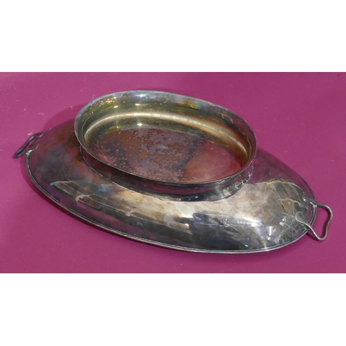 175 - A silver plated oblong 2-handled dish with embossed fish decoration, 48cm long