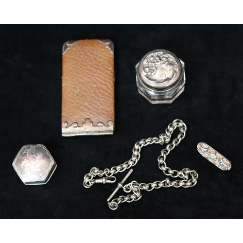 180 - A Victorian London silver and brown leather needle case with folding front, a silver watch chain wit... 