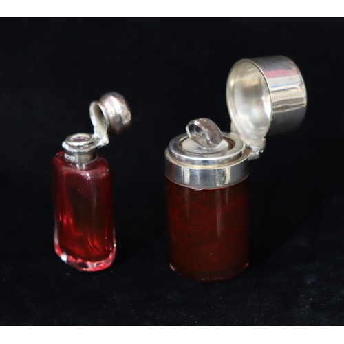 181 - A Chester silver and ruby glass cylindrical scent bottle with hinged lid, enclosing inner stopper, 6... 