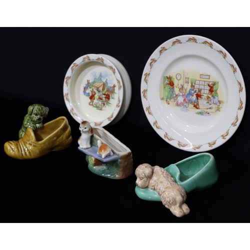19 - A Royal Doulton Bunnykins baby's bowl, a similar plate, 2 Sylvac vases in the form of puppies with s... 