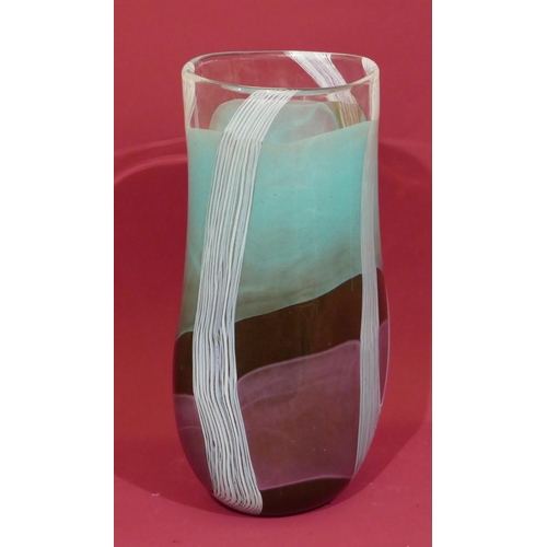 2 - A large Svaja art glass vase with bands of coloured detail and vertical swept stripes, signed to bas... 