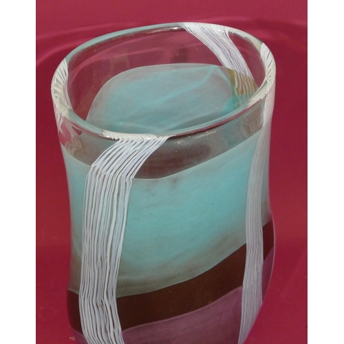 2 - A large Svaja art glass vase with bands of coloured detail and vertical swept stripes, signed to bas... 