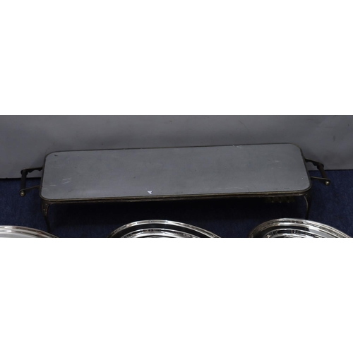 200 - A silver plated rectangular shaped 2-handled hotplate on cabriole legs, 77.5cm wide and 5 silver pla... 