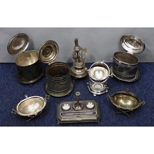 205 - 3 various silver plated biscuit barrels, 2 oval silver plated butter dishes with swivel overhead cov... 