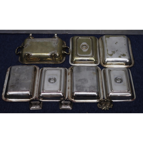 208 - A silver plated rectangular shaped entrée dish with gadroon rim and 2 handled hotplate on splayed fe... 