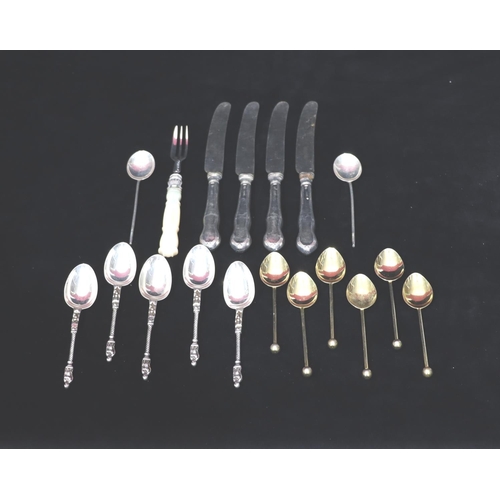 220 - A set of 5 Victorian silver Apostle teaspoons with twist handles, 2 silver coffee spoons with enamel... 