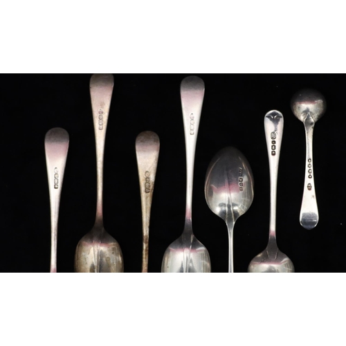 221 - A set of 4 Sheffield silver rat tail teaspoons, a Chester silver rat tail teaspoon and 2 silver salt... 