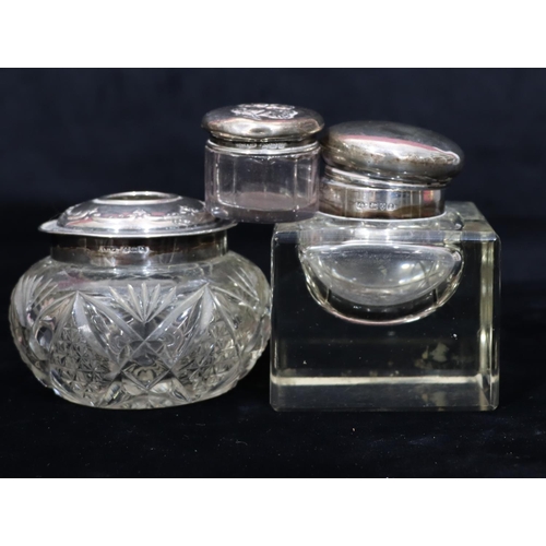 229 - A heavy square cut glass ink well with Chester silver hinged lid (lid and hinge a/f), a cut glass ro... 