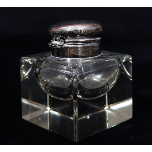 229 - A heavy square cut glass ink well with Chester silver hinged lid (lid and hinge a/f), a cut glass ro... 